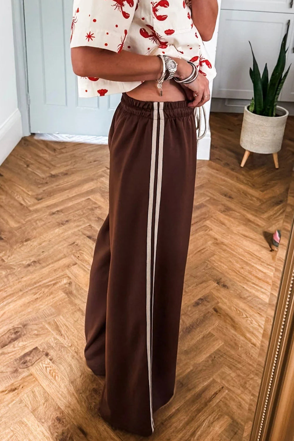 Cinnamon Varsity Striped Side Detail Drawstring Elastic Waist Wide Leg Pants