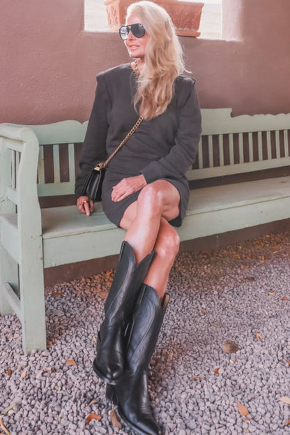 Carbon Grey Solid Color Faux-two-piece Patchwork Long Sleeve Pleated Detail Mini Dress