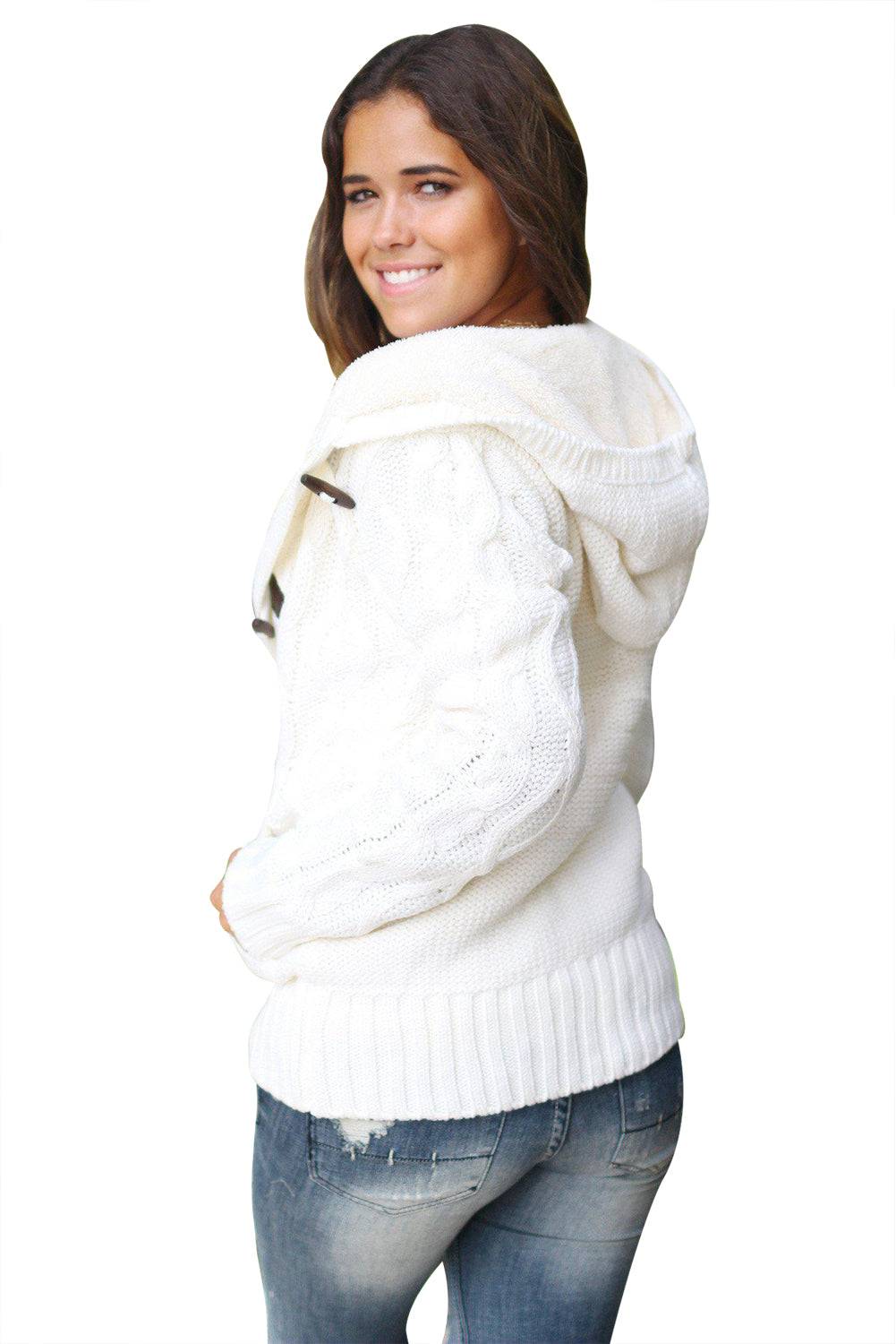 White Fur Hood Horn Button Sweater Cardigan