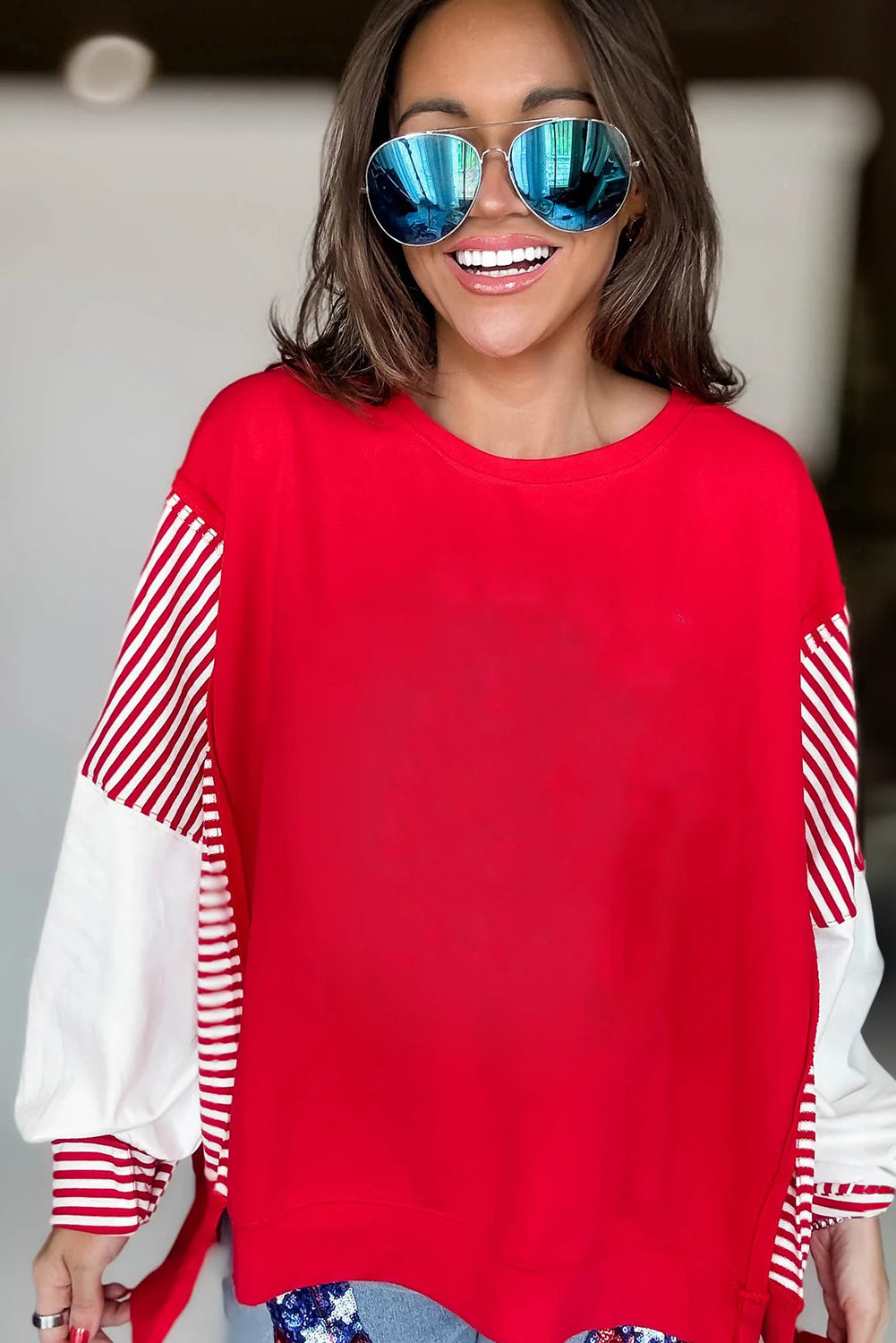Fiery Red Striped Patchwork Sleeve Colorblock Sweatshirt