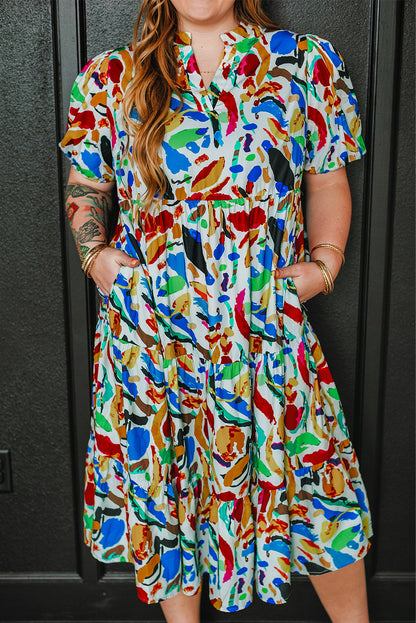 Green Abstract Print Notch Neck Bubble Sleeve Plus Dress