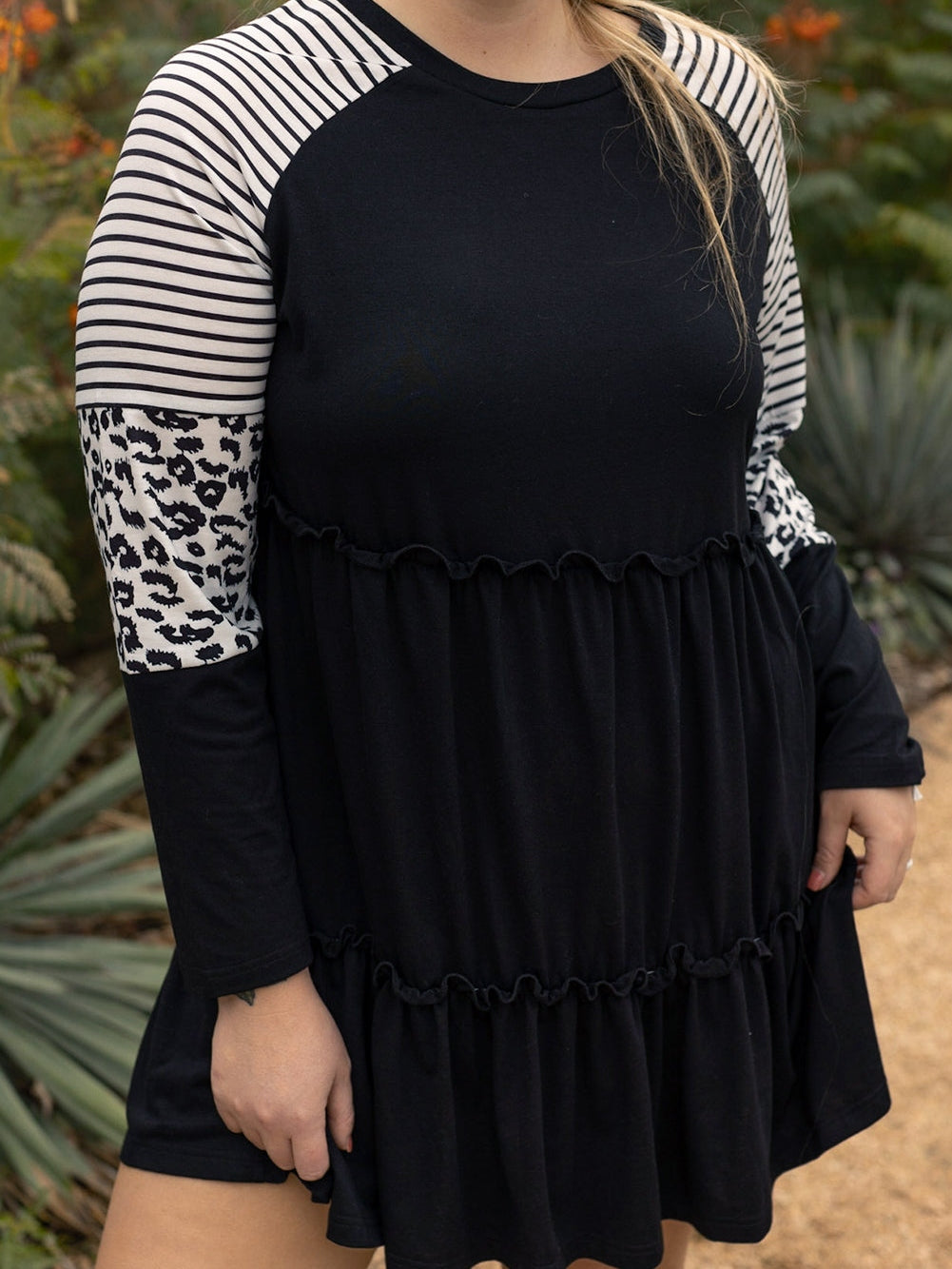 Black Plus Size Striped Leopard Patch Sleeve Ruffle Tiered Dress