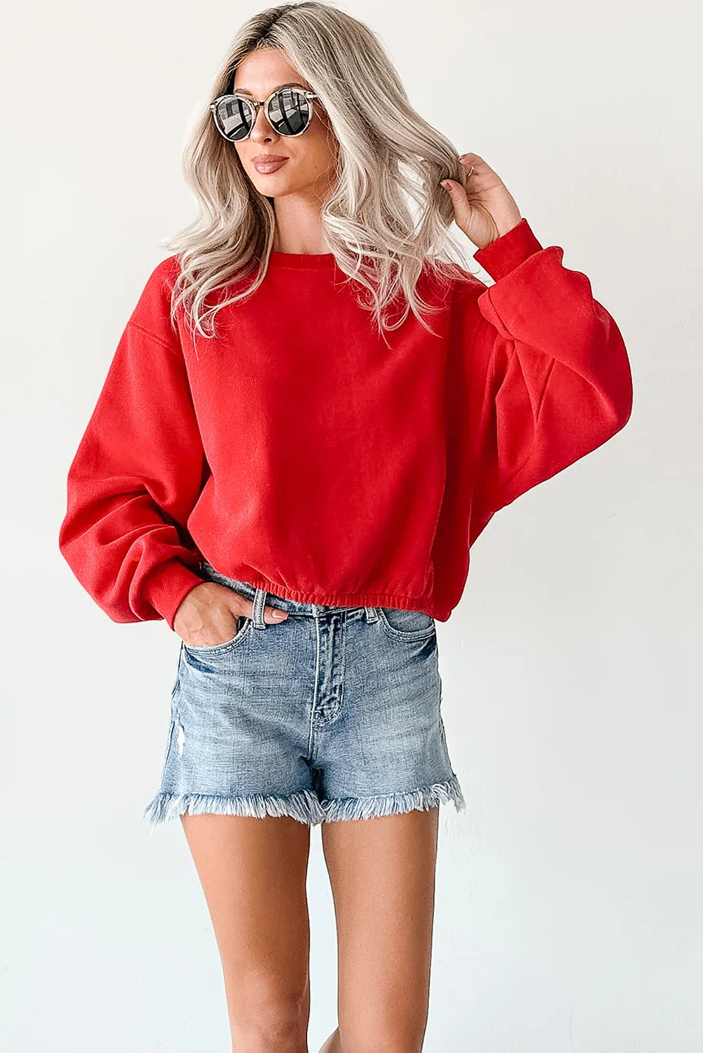 Fiery Red Cropped Elastic Hemline Drop Shoulder Solid Sweatshirt