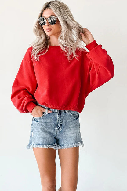 Fiery Red Cropped Elastic Hemline Drop Shoulder Solid Sweatshirt