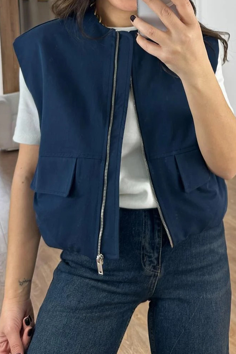 Sail Blue Mock Pockets Zipped Front Cargo Style Casual Vest