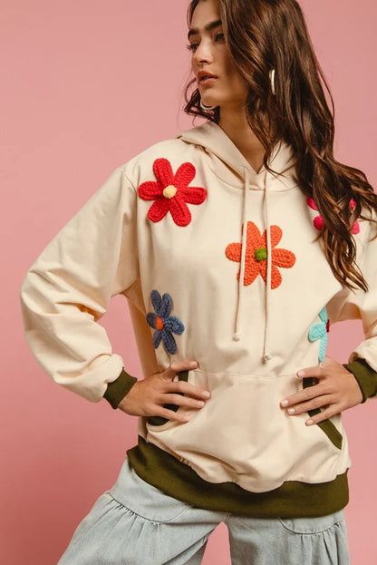 Beige Flower Patched Contrast Trim Pullover Hoodie