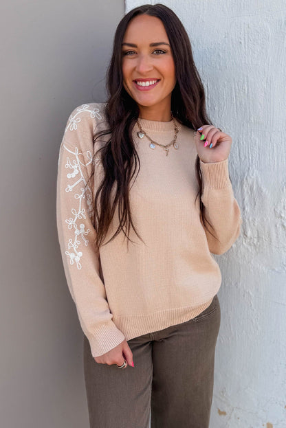 Parchment Contrast Embroidered Sleeve Ribbed Trim Casual Sweater