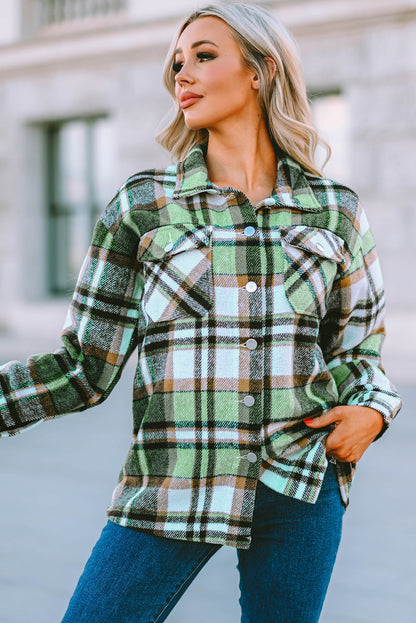 Green Plaid Print Shacket with Pockets