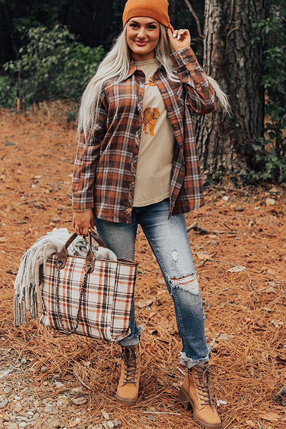 Brown Plaid Chest Pocket Western Casual Shirt