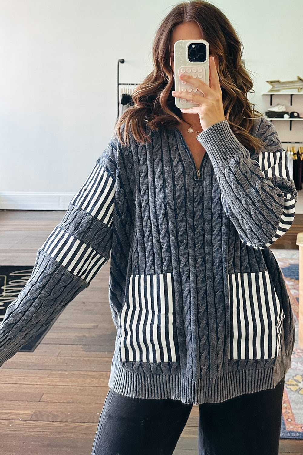 Sleet Cable Knit Striped Patchwork Collar Zipped Pullover Sweater