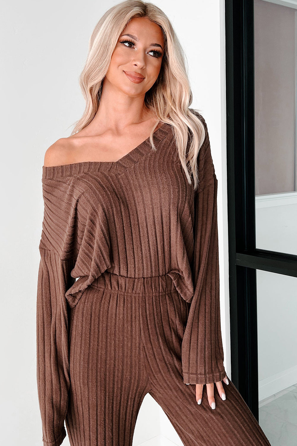 Coffee Wide Rib Knit Drop Shoulder V Neck Pullover Loose Pants Set