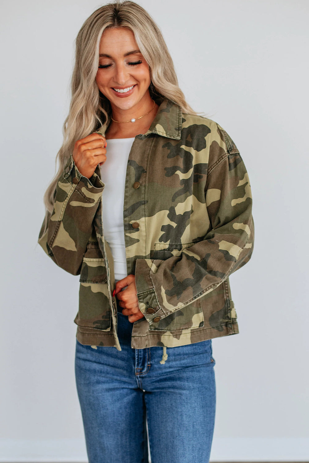Green Retro Camouflage Print Flap Pocket Button Down Denim Jacket