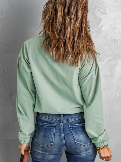 Green Zip Front Pullover Sweatshirt with Pockets