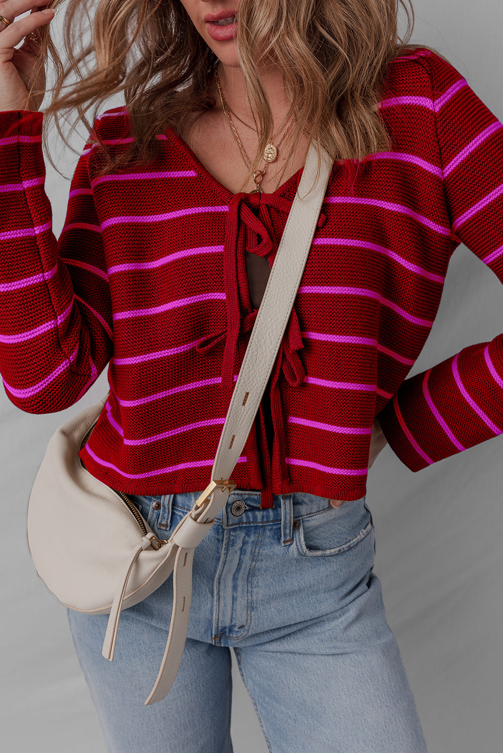 Red Stripe Tie Front Striped Knit V Neck Cardigan Sweater