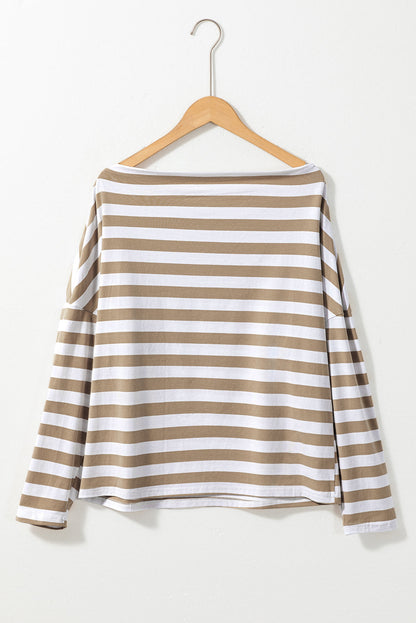 Khaki Boat Neck Striped Long Sleeve Top