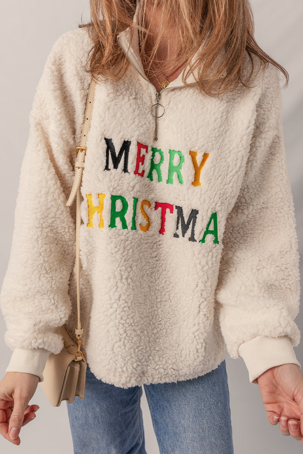 Jet Stream MERRY CHRISTMAS Colorful Letter Embroidery Quarter Zip Sherpa Sweatshirt