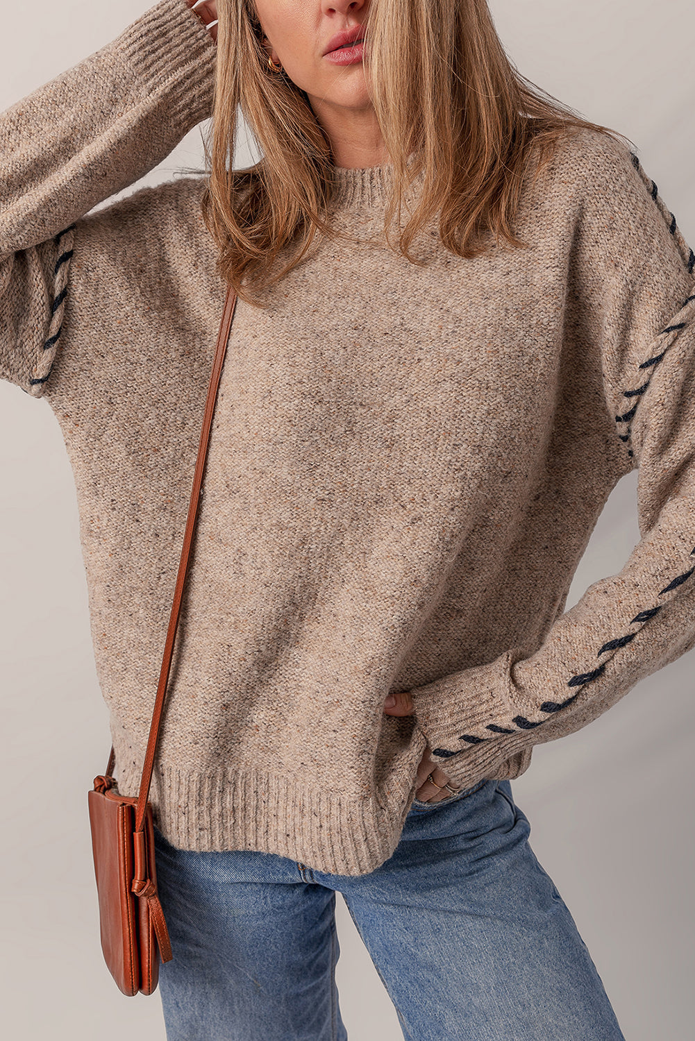 Smoke Gray Color Contrast Stitched Ribbed Edge Crew Neck Sweater