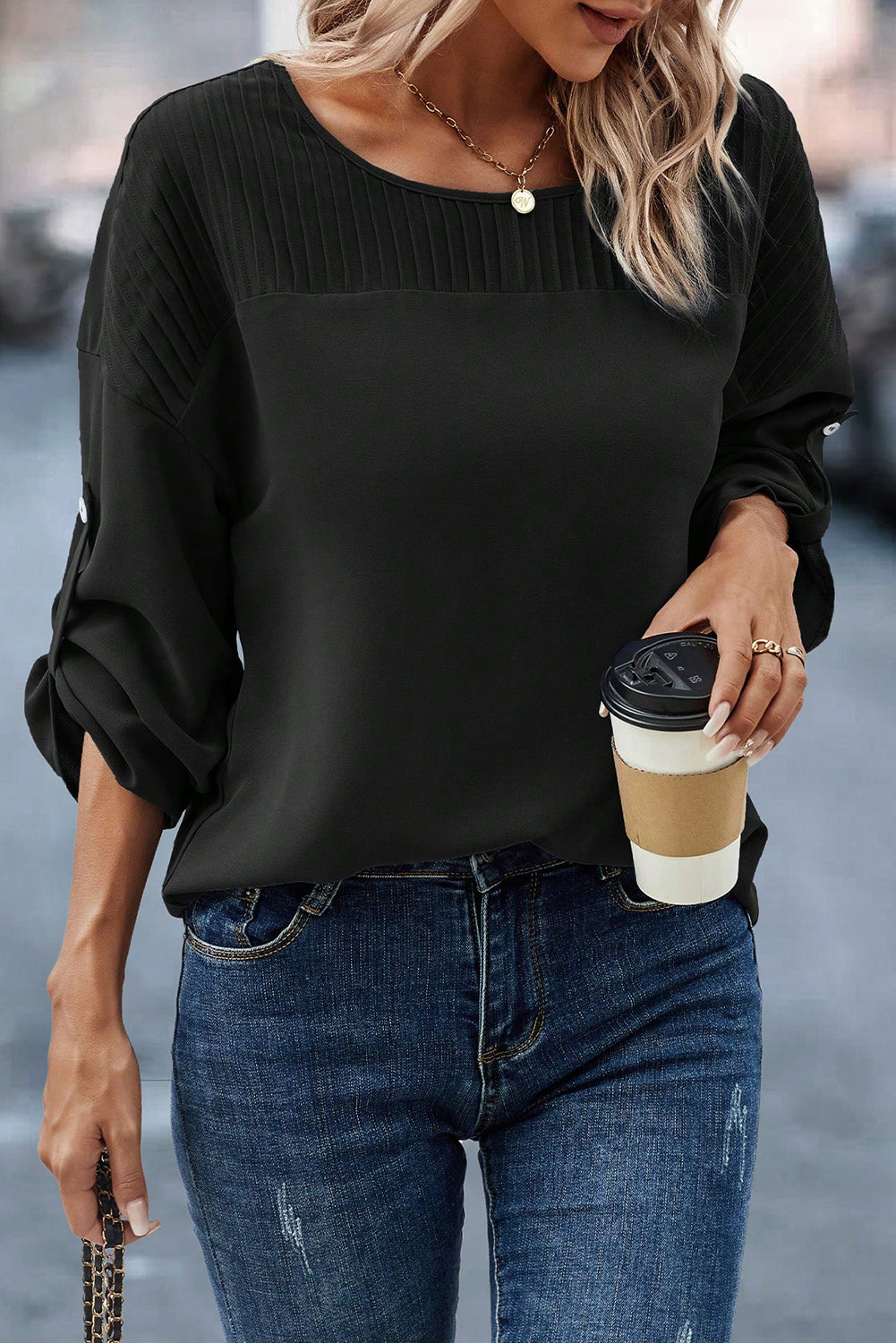 Elegant Black Stitched Sleeve Round Neck Blouse