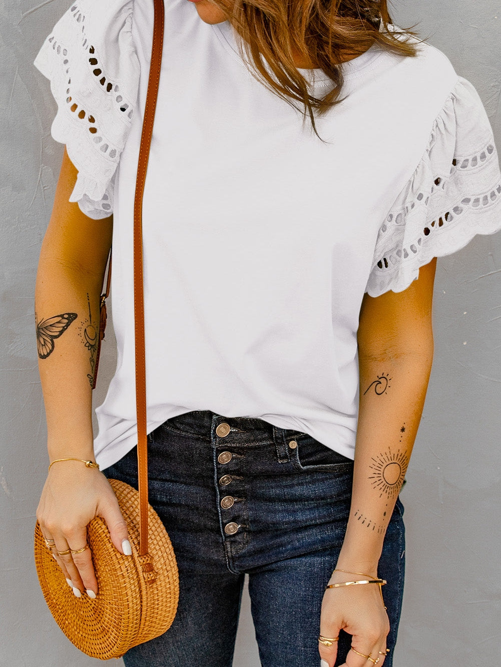 Elegant White Ruffle Sleeve Tee with Cut-Out Design