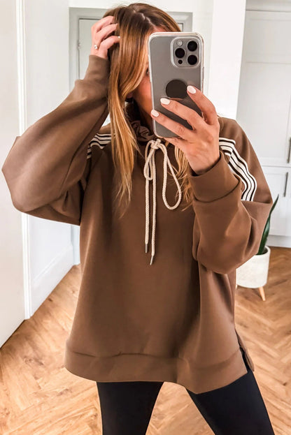 Chestnut Preppy Striped Detail Drawstring Baggy Hoodie