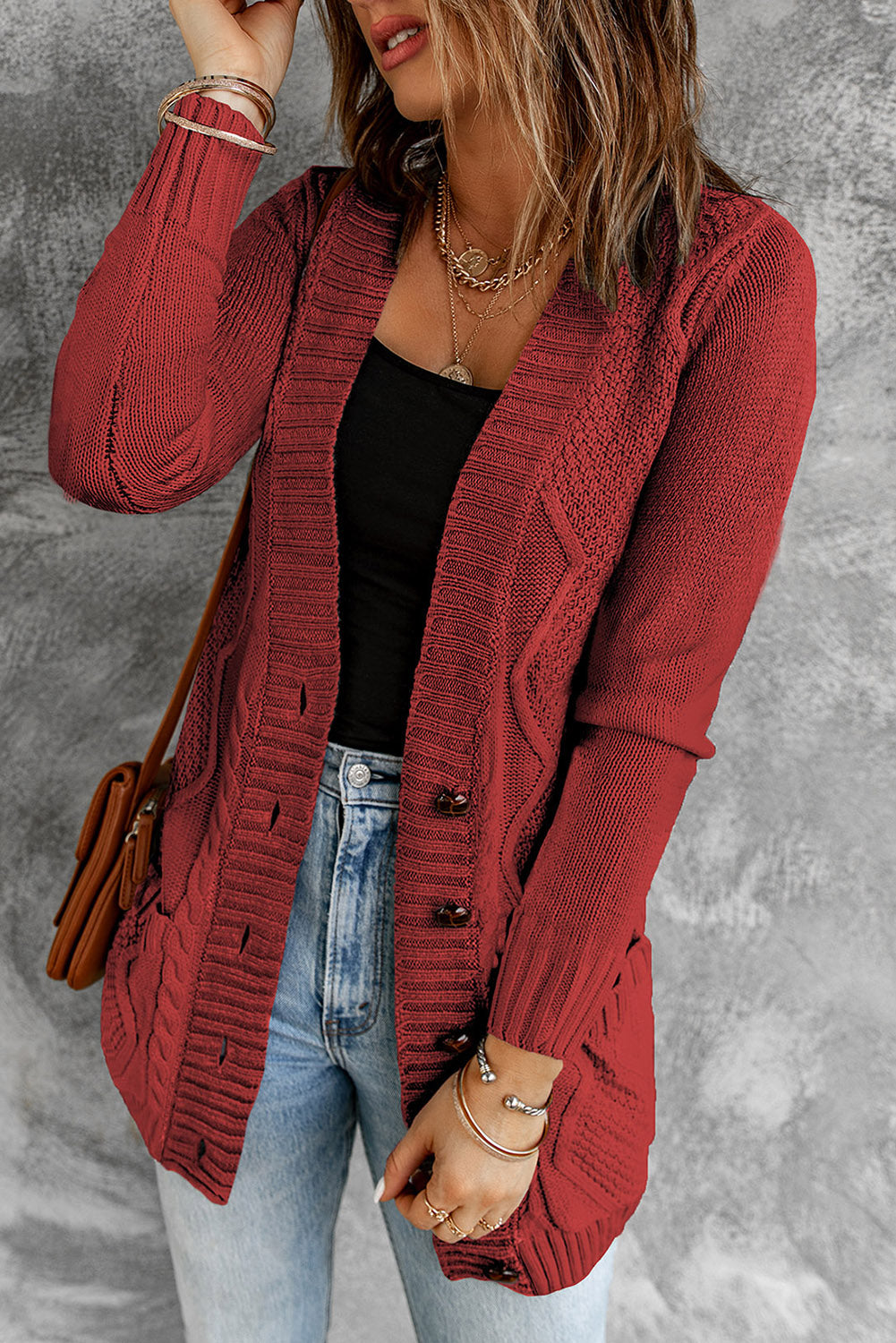 Burgundy Front Pocket and Buttons Closure Cardigan