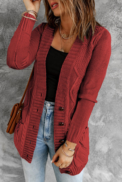 Burgundy Front Pocket and Buttons Closure Cardigan