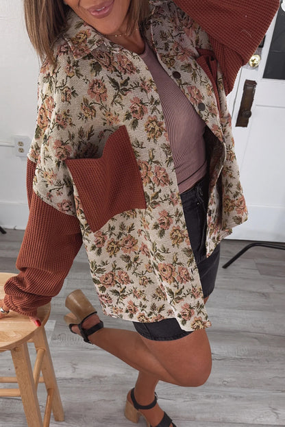 Clay Waffle Sleeve Pocket Contrast Patchwork Floral Print Oversize Shacket