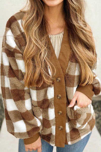 Brown Checkered Sherpa Loose Knit Cardigan with Pockets