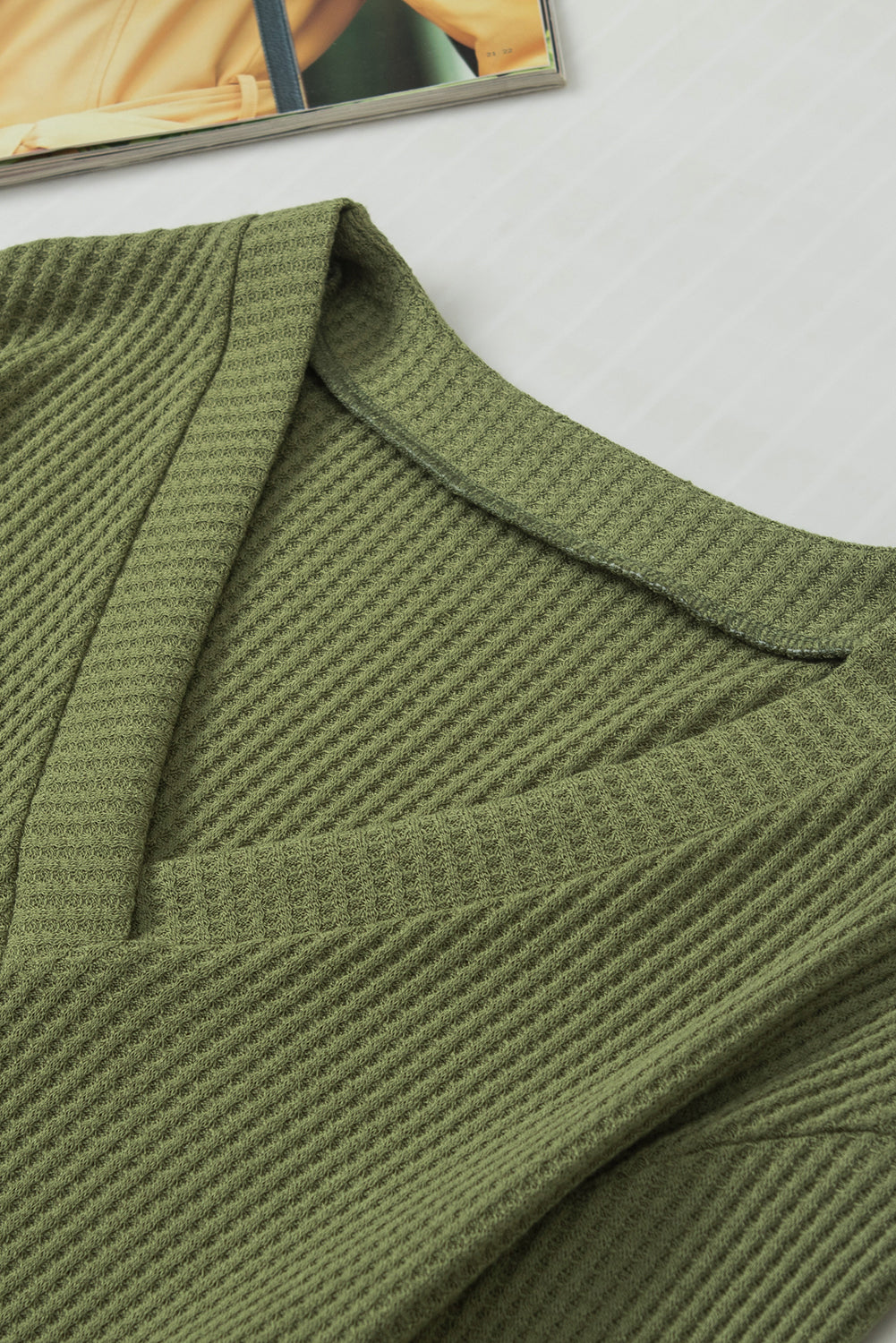 Jungle Green Waffle Knit V Neck Buttoned Long Sleeve Top