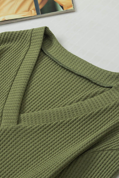 Jungle Green Waffle Knit V Neck Buttoned Long Sleeve Top