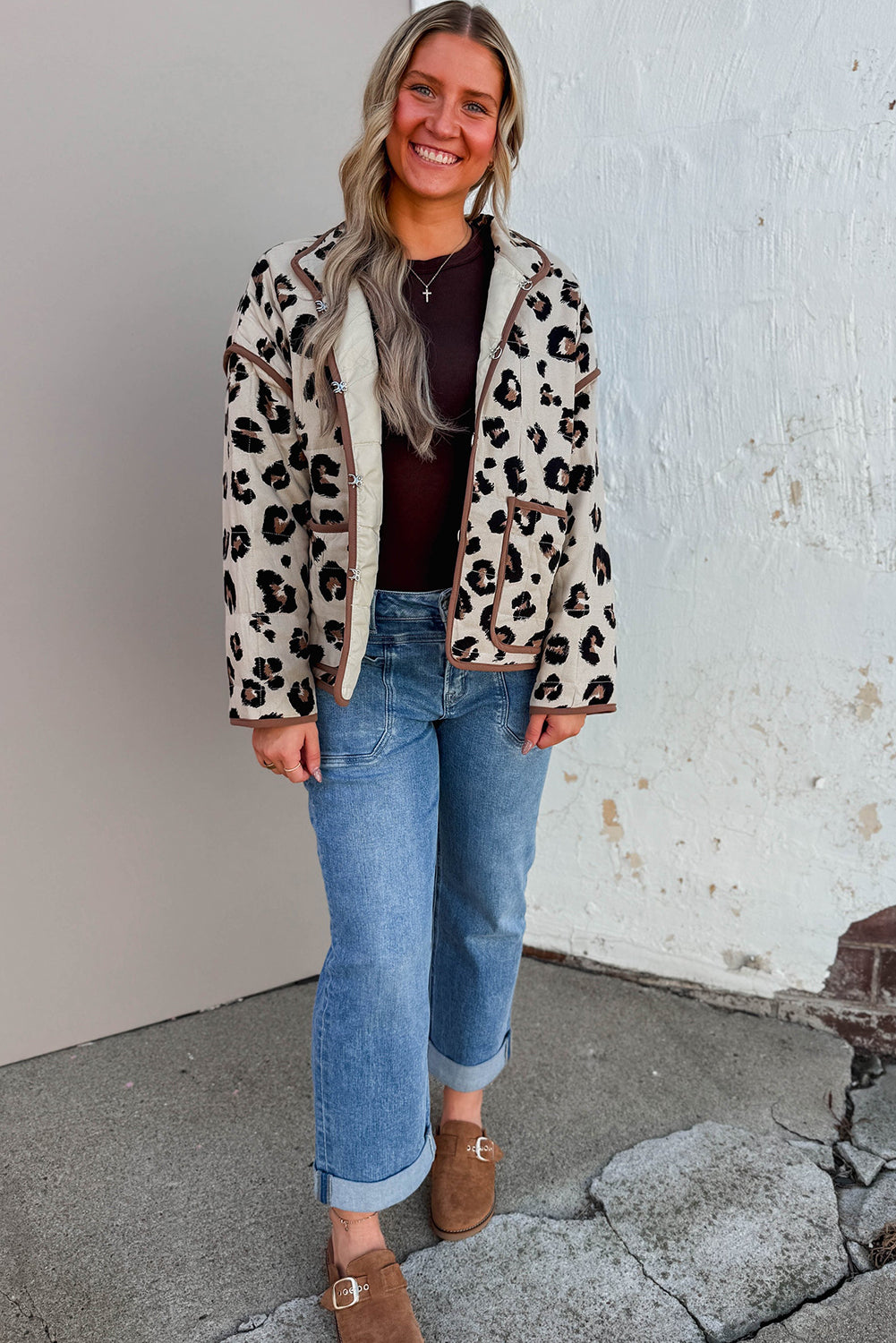 Khaki Leopard Quilted Contrast Trim Winter Jacket