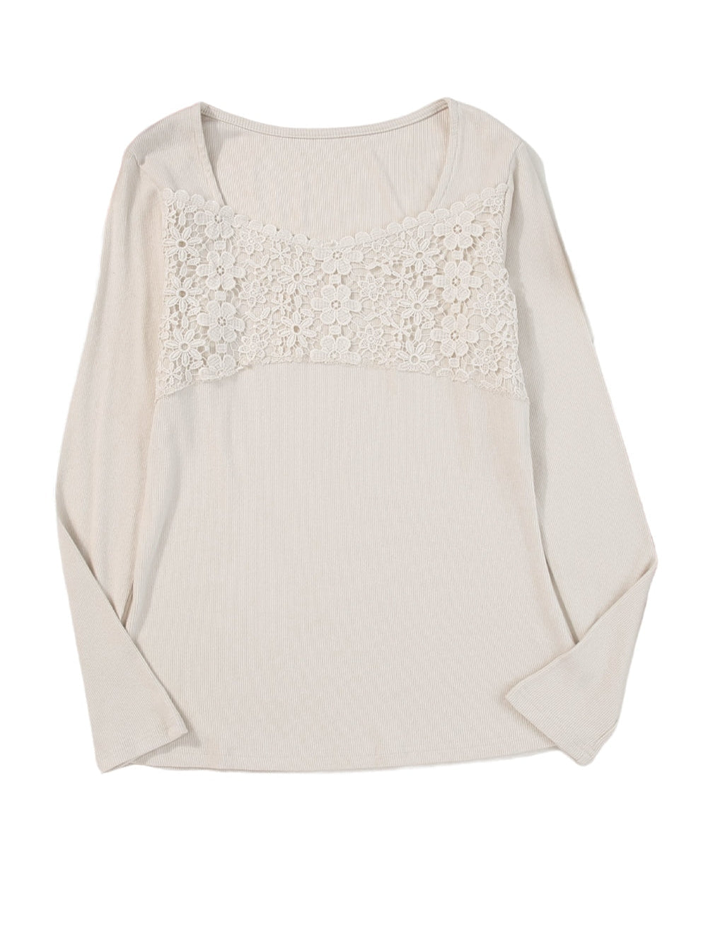 Beige Floral Lace V-Neck Sheath Top with Long Sleeves