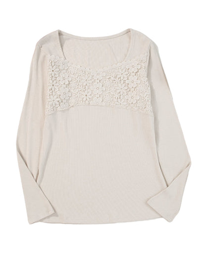 Beige Floral Lace V-Neck Sheath Top with Long Sleeves