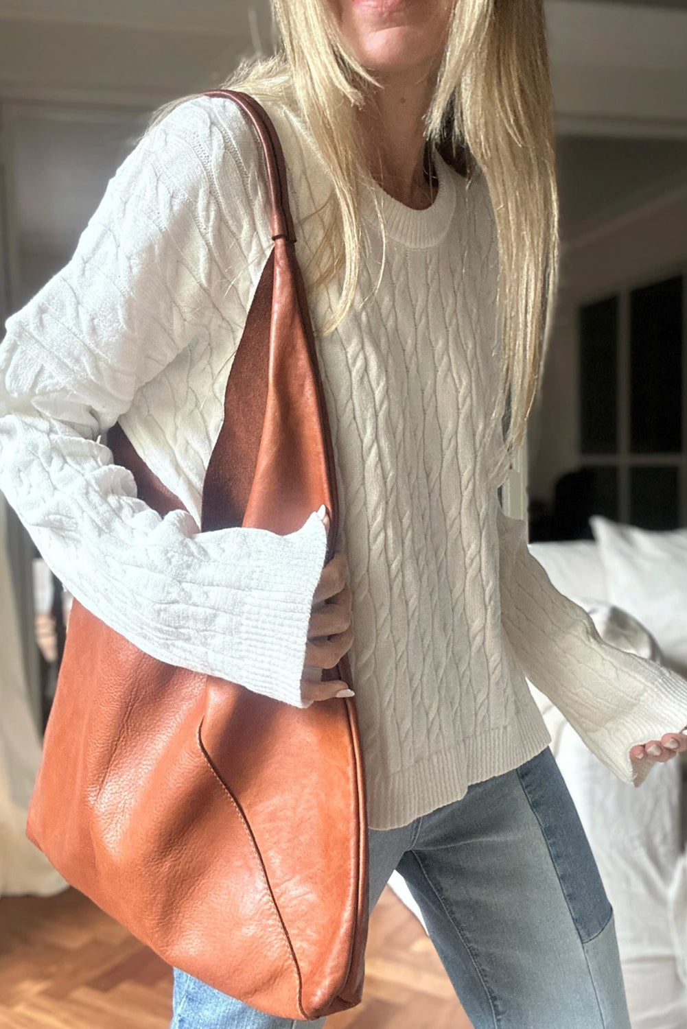 White Drop Shoulder Cable Knit Round Neck Sweater