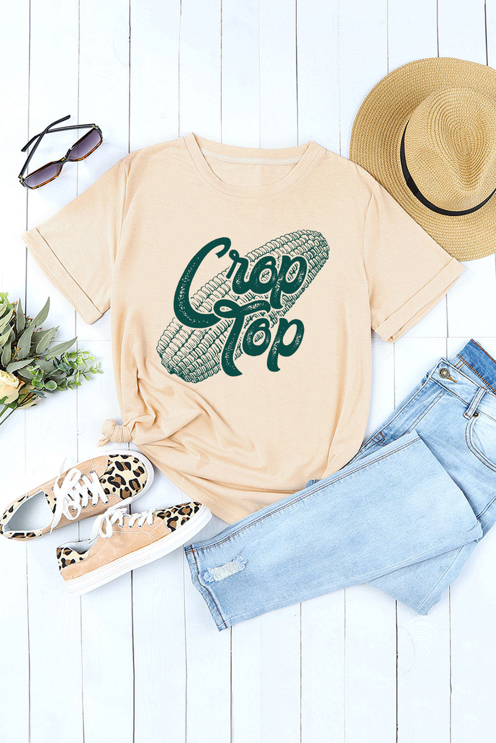 Khaki Corn Print Crop Top Tee