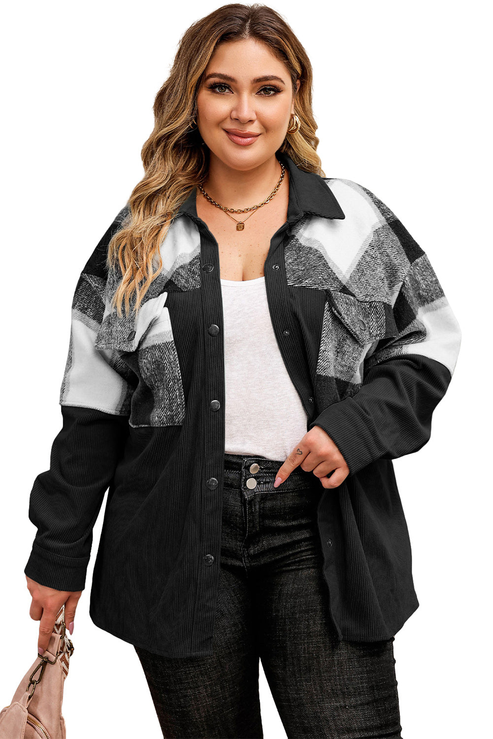 Fashionable Black Patchwork Corduroy Shacket for Plus Size