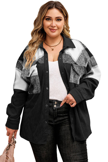 Fashionable Black Patchwork Corduroy Shacket for Plus Size