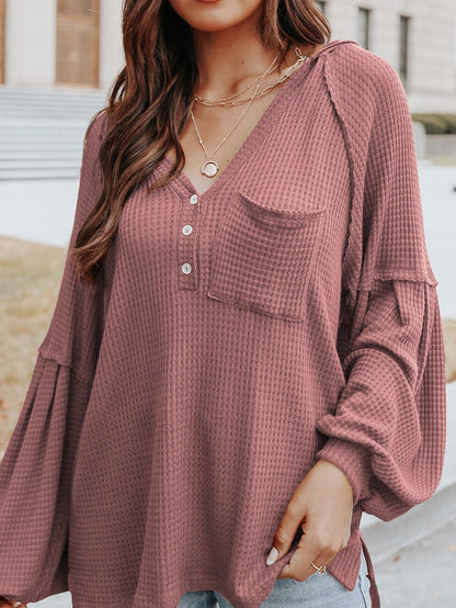 Fiery Red Oversized Waffle Knit Henley Hoodie with Drop Shoulder