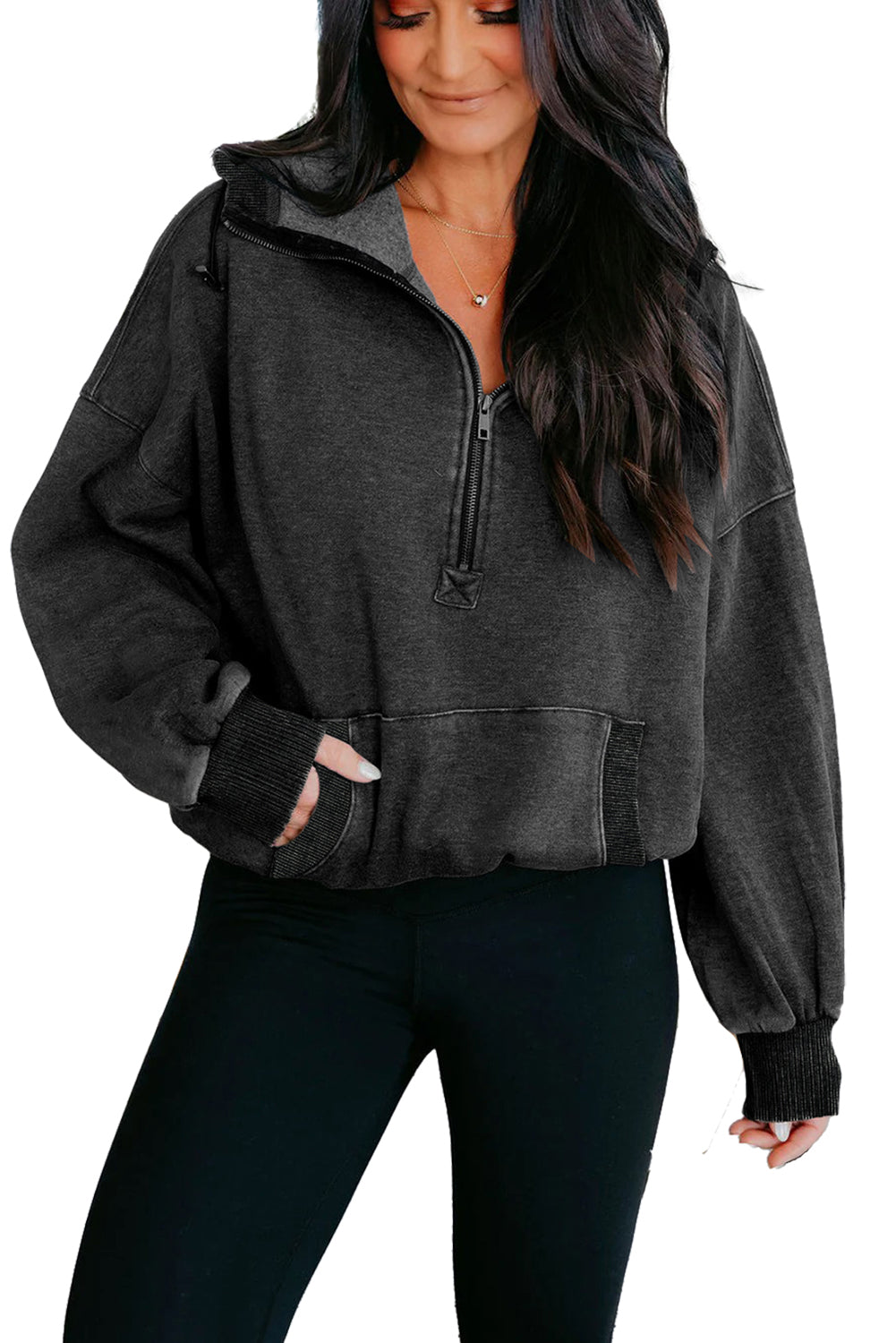 Black Half Zip Kangaroo Pocket Mineral Wash Baggy Hoodie