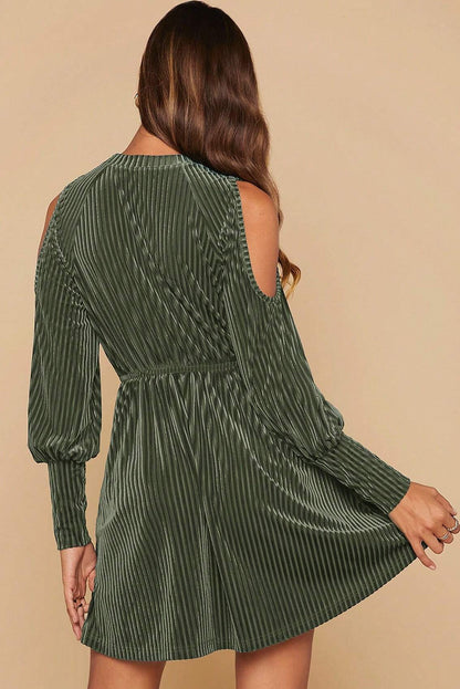 Mist Green Velvet Textured Cold Shoulder Bishop Sleeve Flared Mini Dress