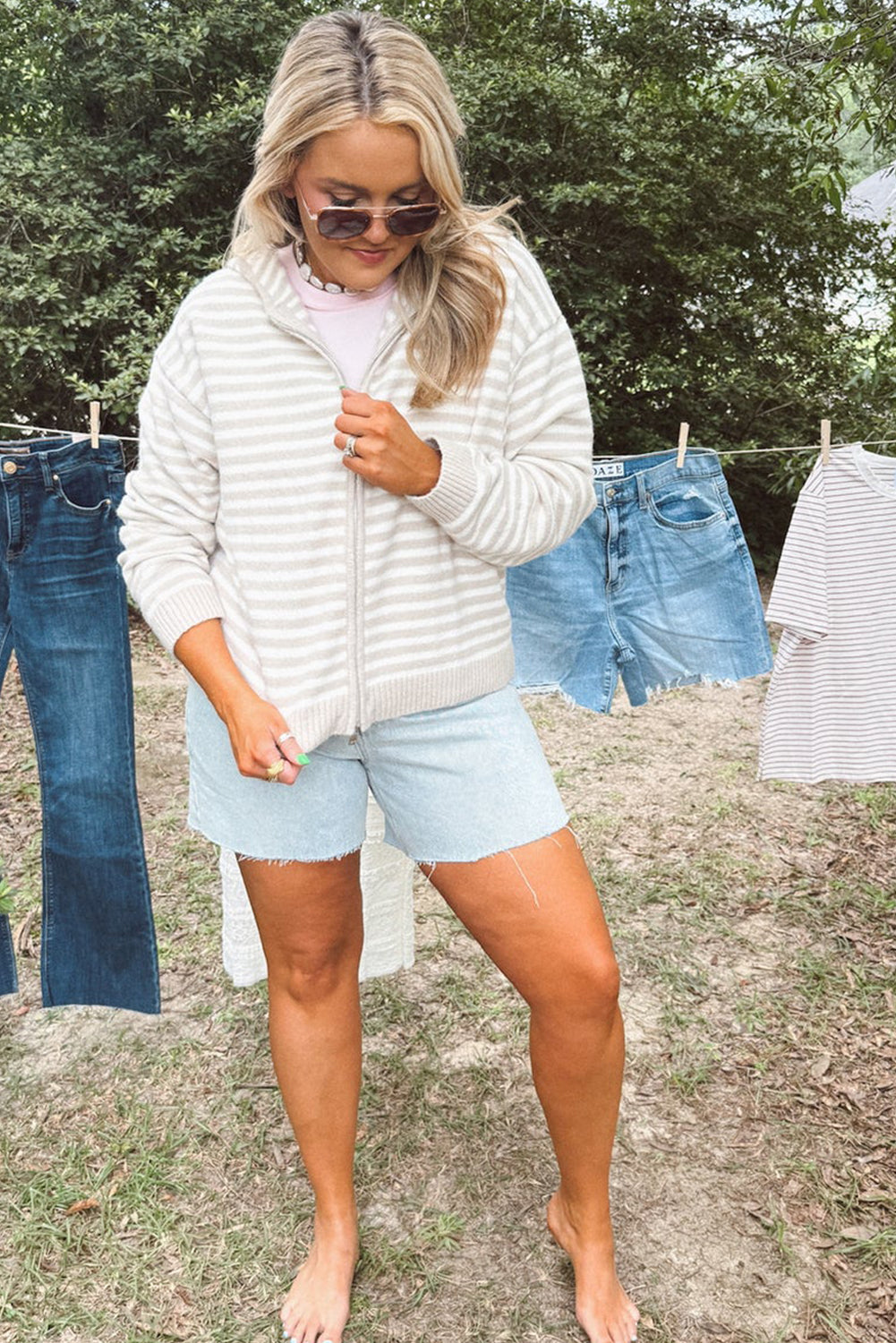 Khaki Stripe Plus Size Hooded Knit Zip Up Sweater Cardigan