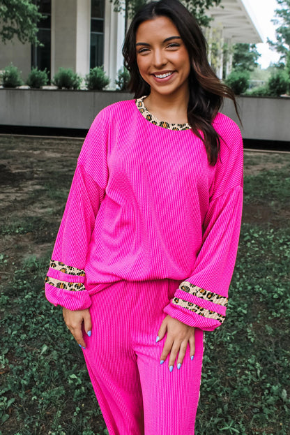 Bright Pink 3D Ribbed Contrast Leopard Trim Loose Pullover Casual Pant Set