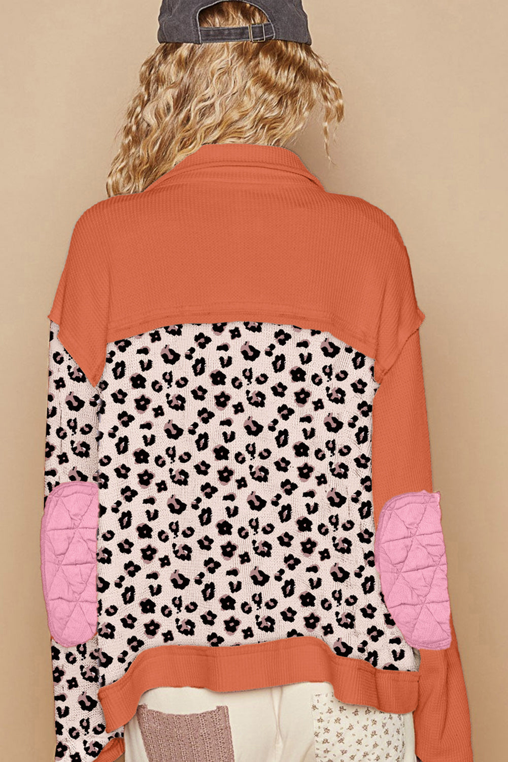 Pink Leopard Waffle Quilted Patchwork Button Front Jacket