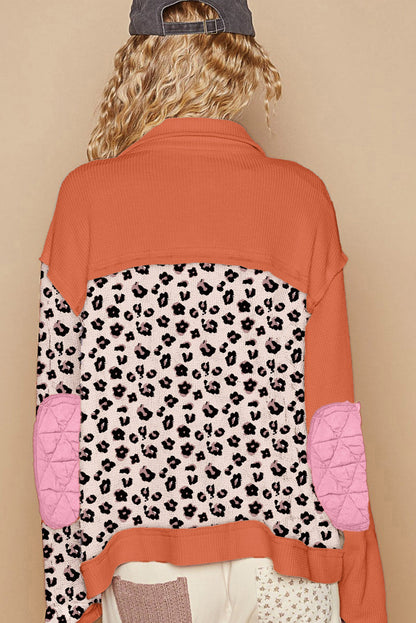 Pink Leopard Waffle Quilted Patchwork Button Front Jacket