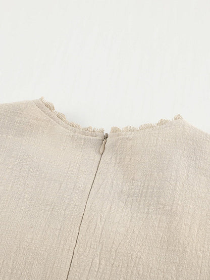Billowed Puff Sleeve Cotton & Linen Blouse with Crew Neck