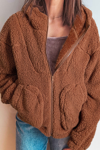 Straw Yellow Zip Up Hooded Sherpa Jacket