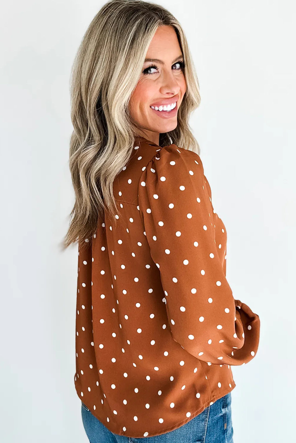White Polka Dot Print Half Button Elastic Cuffs Long Sleeve Blouse
