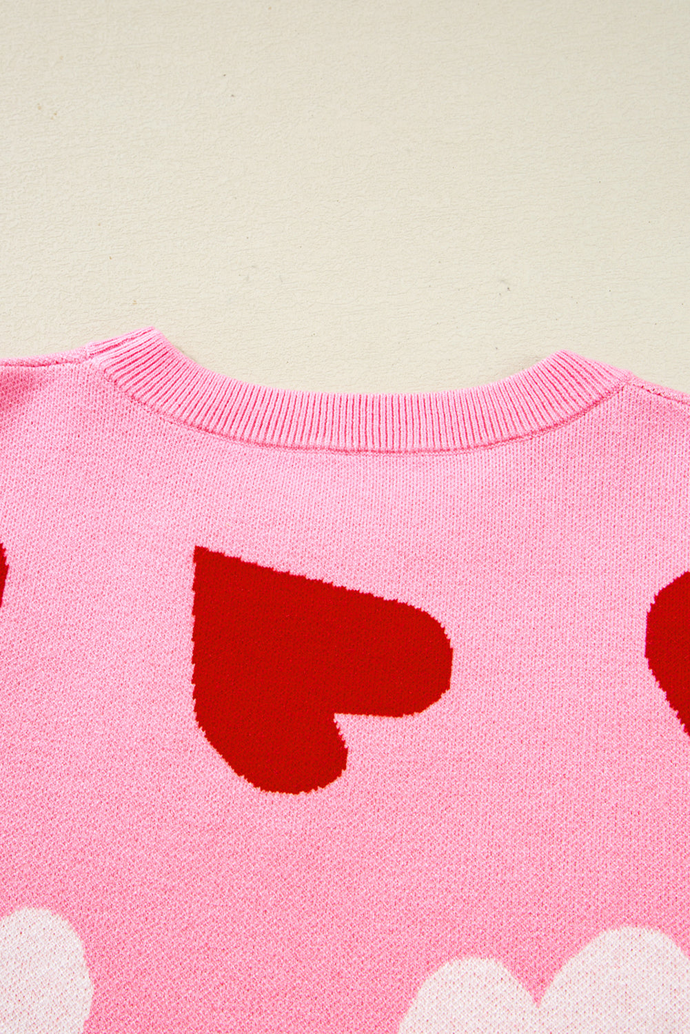 Pink Pearl Embellished Heart Pattern Valentines Day Sweater