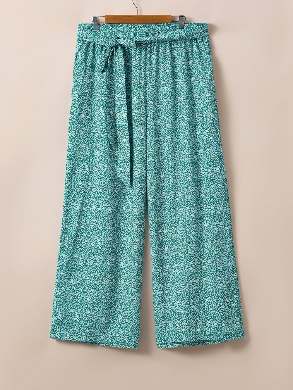 Green Floral Boho Tie-Waist Wide Leg Pants for Curvy Fashionistas