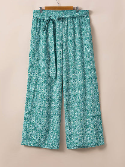 Green Floral Boho Tie-Waist Wide Leg Pants for Curvy Fashionistas